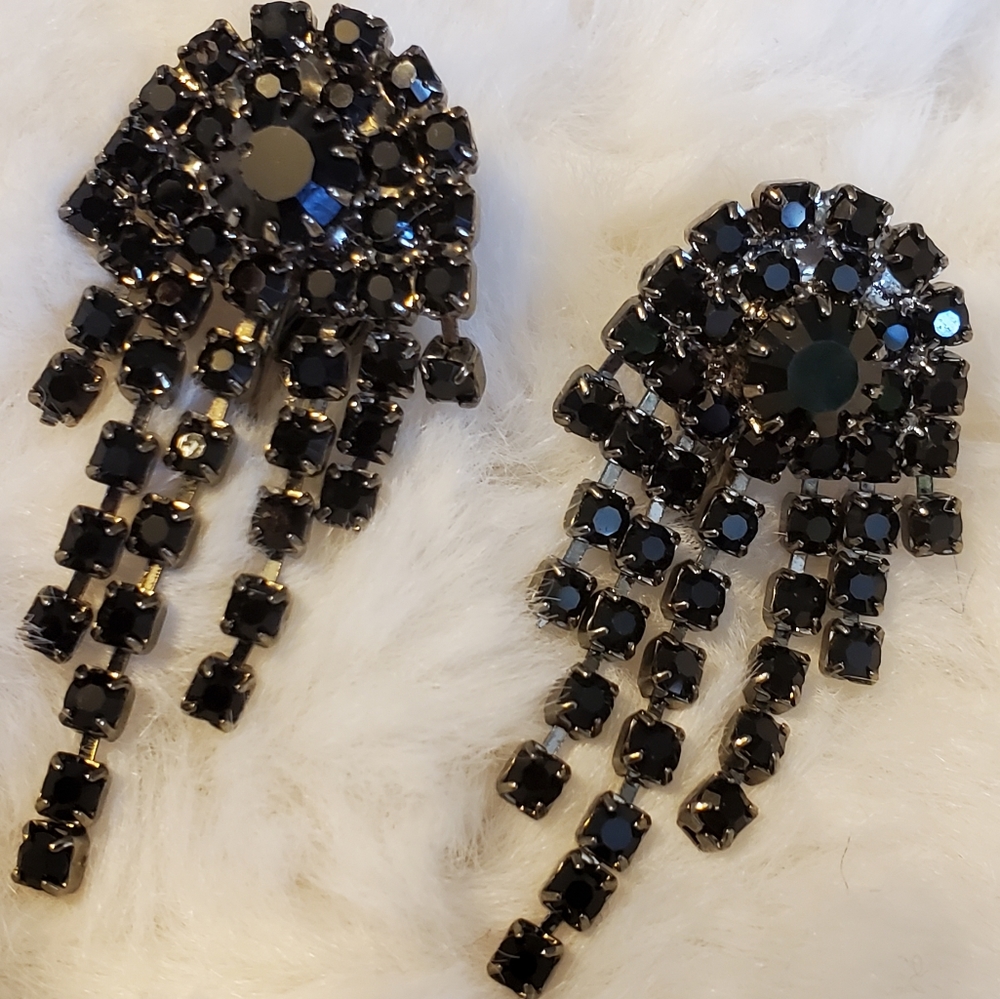 Vintage gunmetal clip-on earrings with black rhinestones